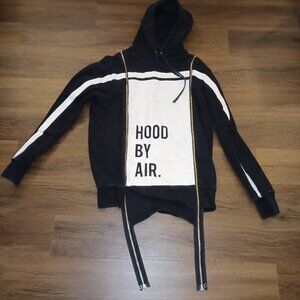 RARE DESIGNER ATHLEISURE Hood By Air Parka HOODIE Size L Black WHITE ZIPPERS